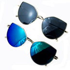 Two pairs of angular framed aviator sunglasses in assorted colours.