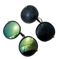 Two pairs of round framed sunglasses in various colours.