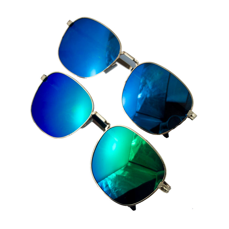 Two pairs of stylish metal framed sunglasses in various colours.