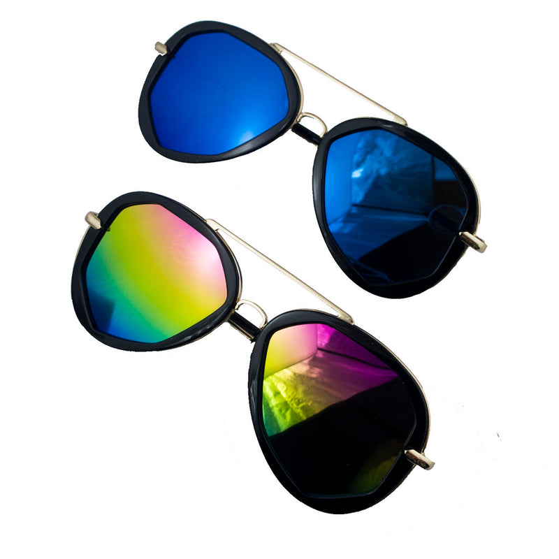 Two pairs of funky aviator sunglasses with metal and black frames.