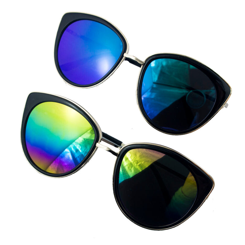 Two pairs of ladies cat eye sunglasses with metal and black frames.