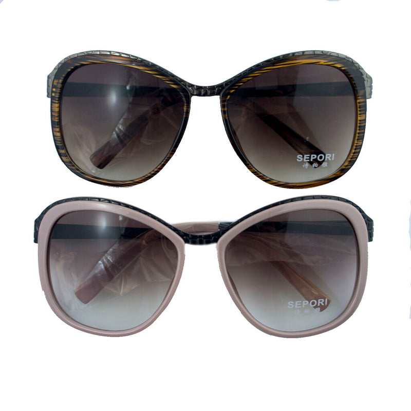 Two pairs of colourful ladies' fashion sunglasses on display.