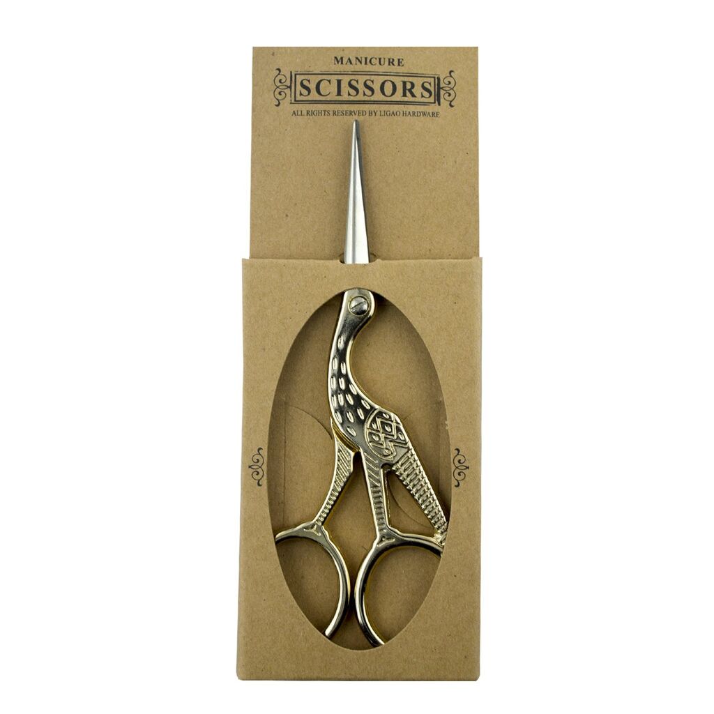 Close-up of the fine point of the stork embroidery scissors