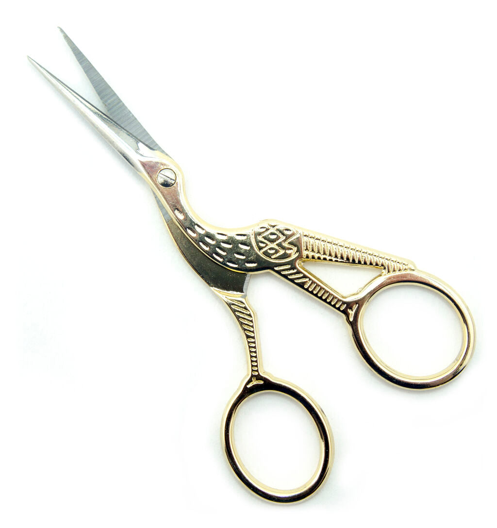 Large classic forged stork embroidery scissors with gold finish