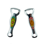 Two stainless steel bottle openers with colourful motifs.