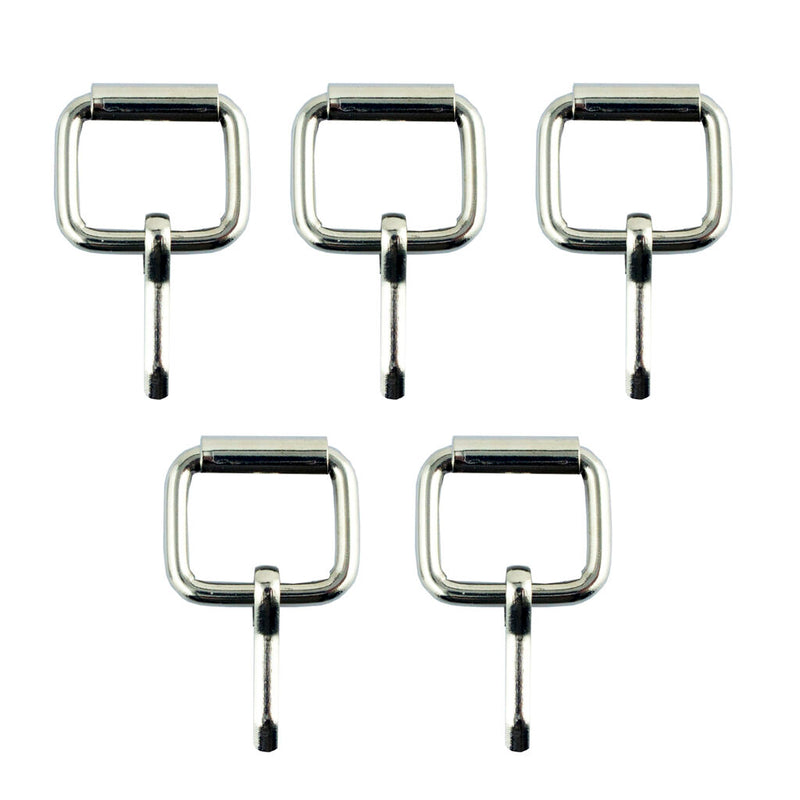 Five small silver square buckles arranged on a white background.
