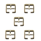 Four light shiny gold square metal buckles on a white background.