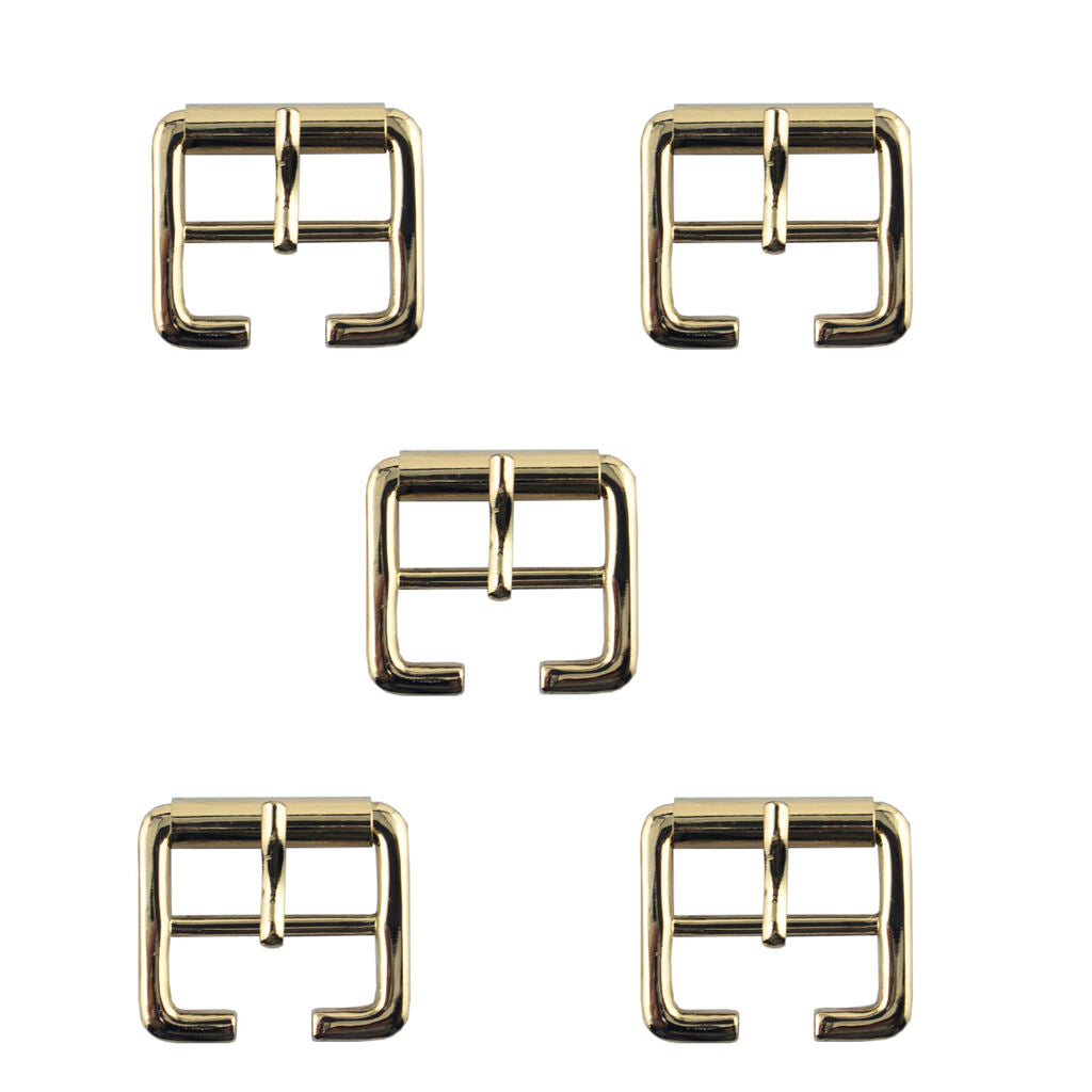 Four light shiny gold square metal buckles on a white background.