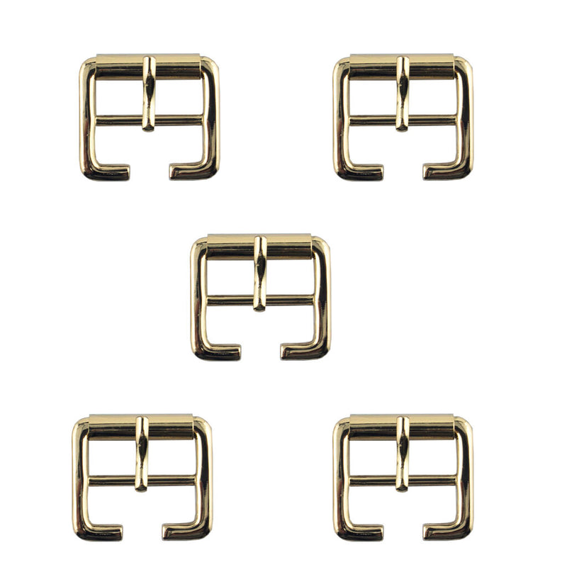 Four light shiny gold square metal buckles on a white background.