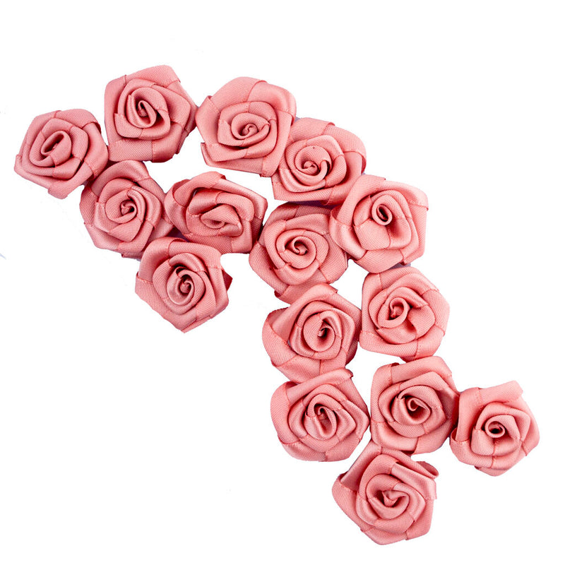 Pack of deep salmon pink rose flower ribbon trims, 28 mm diameter.