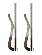 Two aluminium money clips displayed on a wooden surface.
