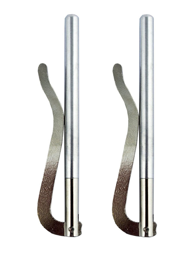 Two aluminium money clips displayed on a wooden surface.