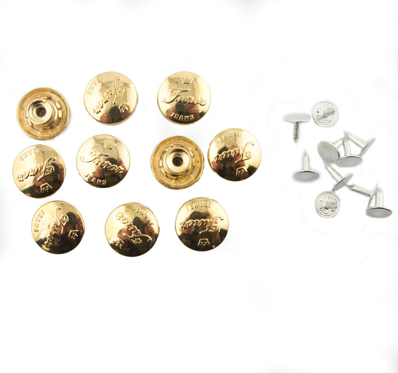Pack of 10 gold tone metal jeans buttons displayed