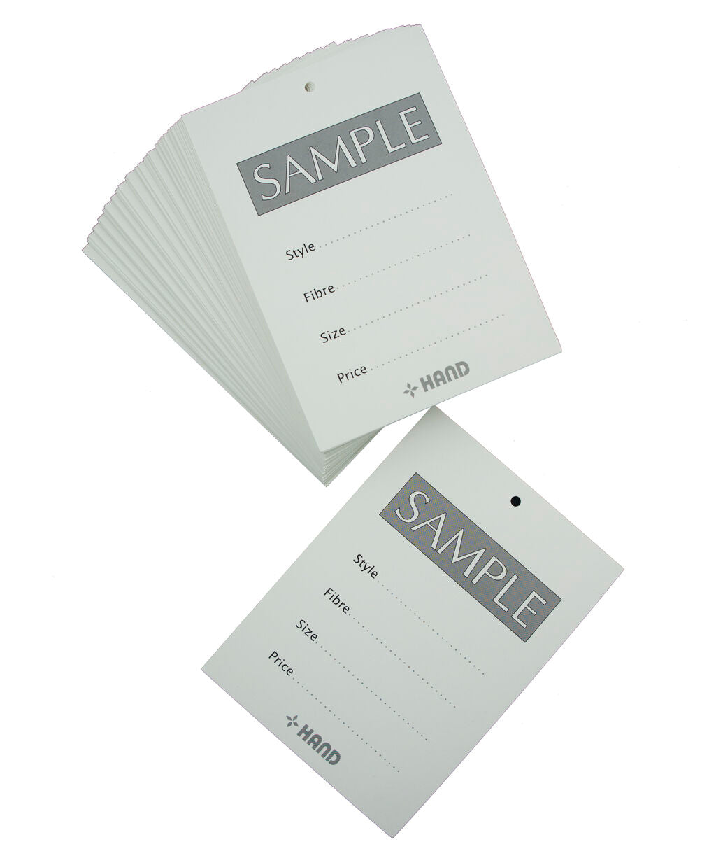 Pack of 100 semi-gloss garment sample cards displayed.