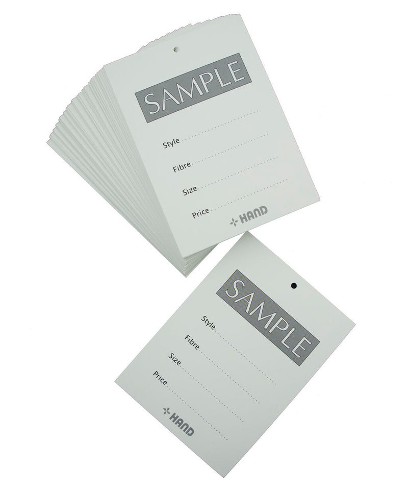 Pack of 100 semi-gloss garment sample cards displayed.