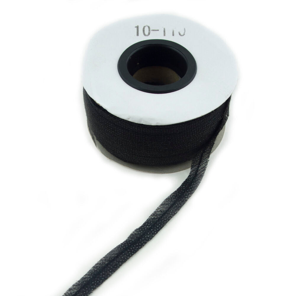 Roll of black single-side fusible bias tape on a white background.