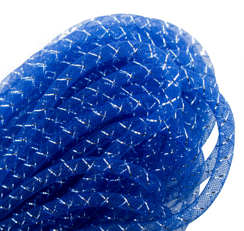 Blue tubular crin with silver trim, 8 mm diameter, 30 metres long.