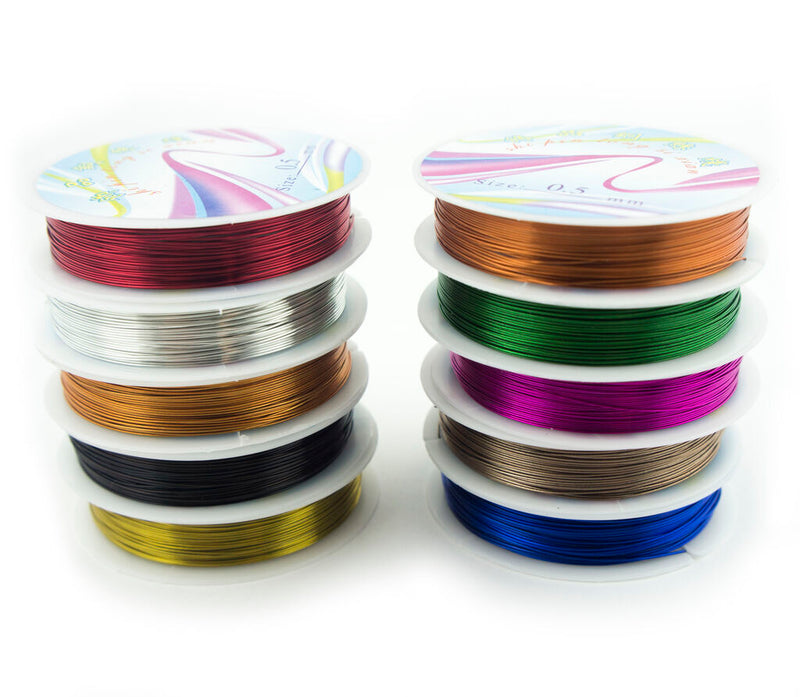 Ten rolls of 0.5 mm craft wire in assorted colours.