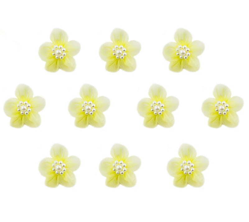 Pack of 20 light yellow organza flower trims with pearl clusters.