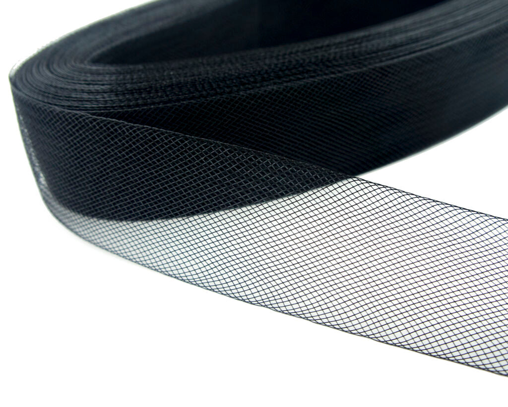 Black nylon crin trim displayed on a white background