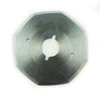 Close-up of an electric rotary cutter blade for fabric cutting.