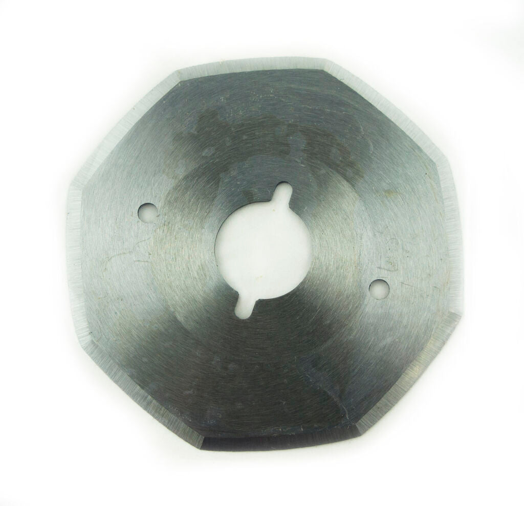 Close-up of an electric rotary cutter blade for fabric cutting.