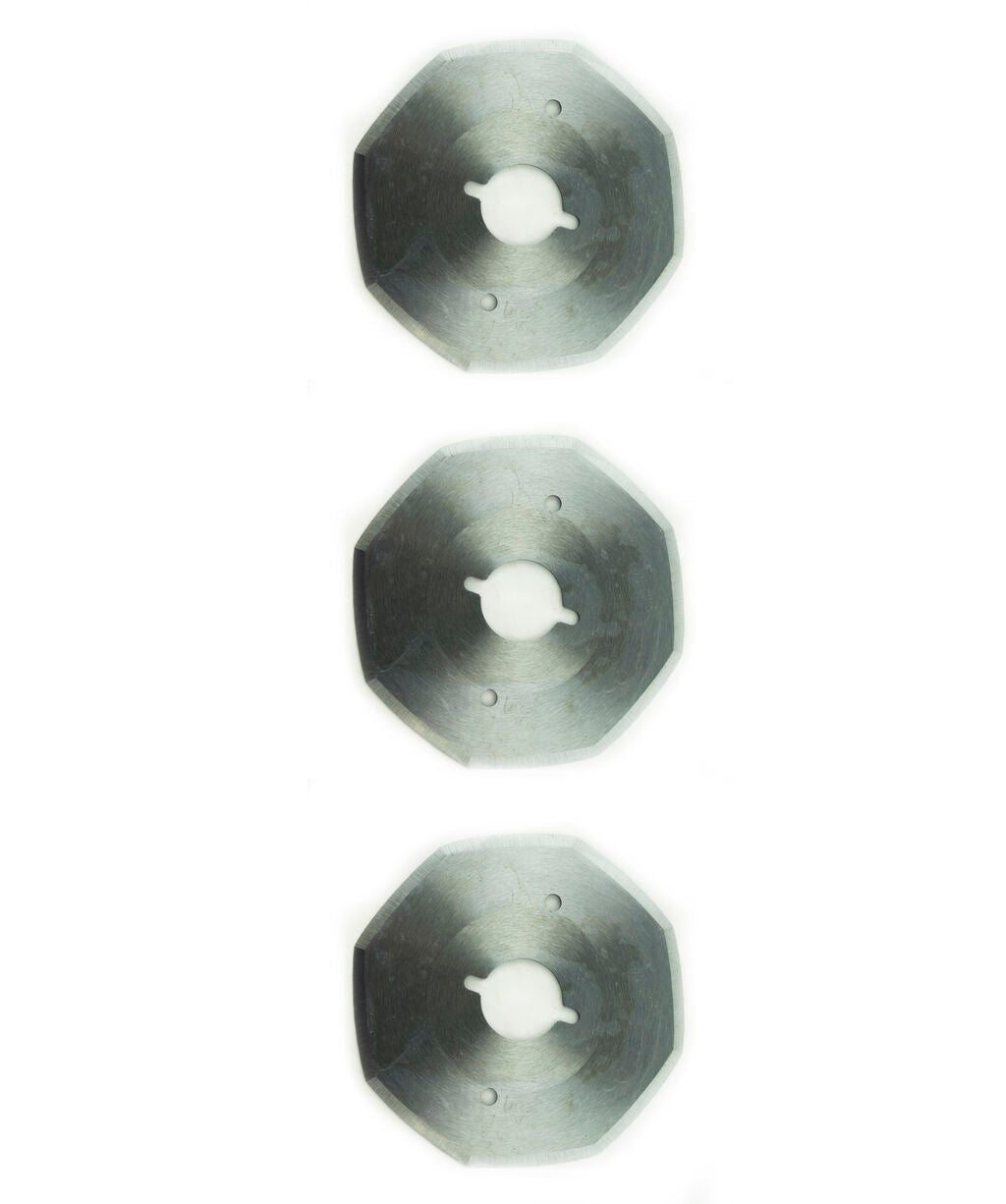 Three electric rotary cutter blades with a 70 mm diameter.