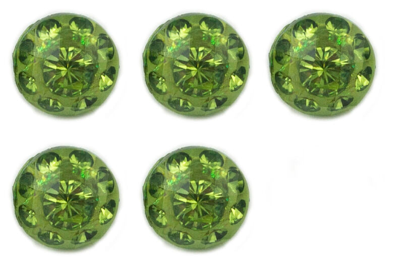 Five light green crystal buttons displayed on a white background.