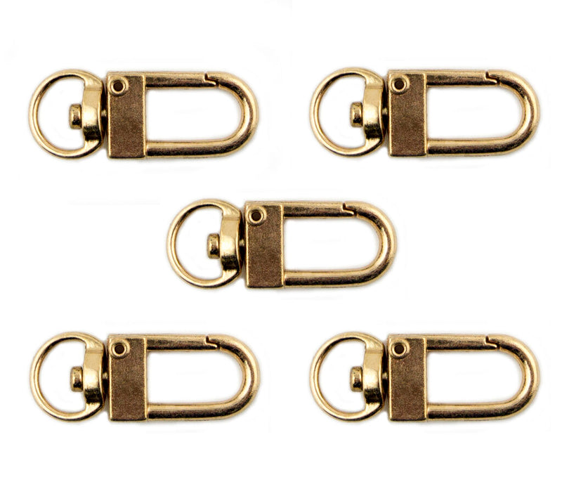 Five gold tone metal snap hook clasps displayed together.