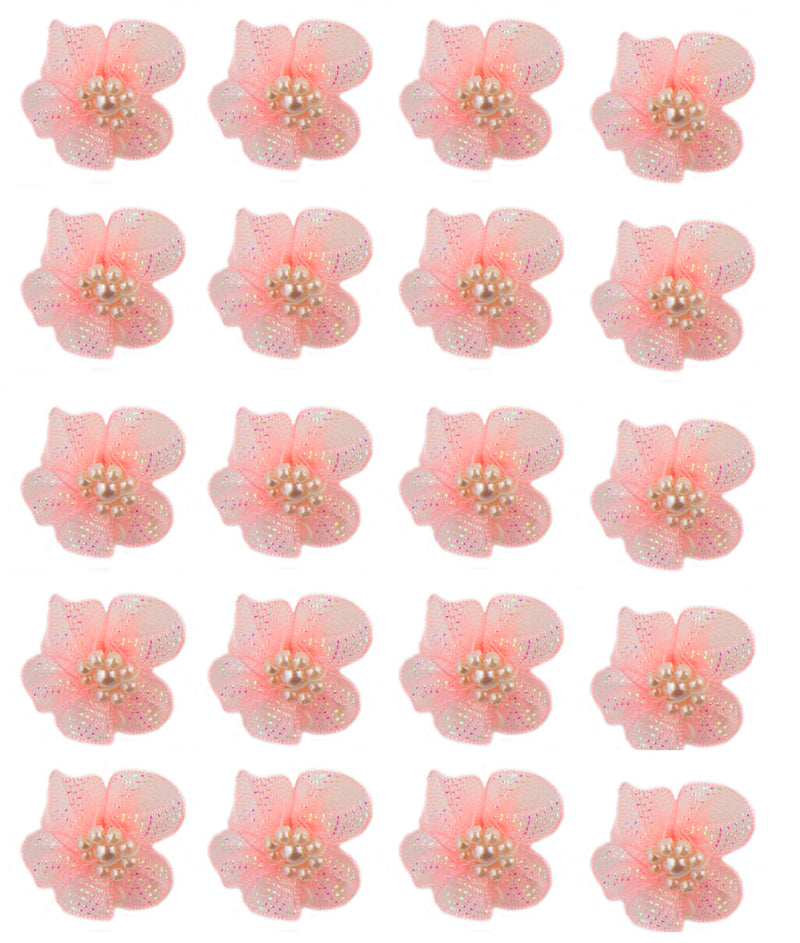 Pack of 20 peach pink mesh flower trims with beads.