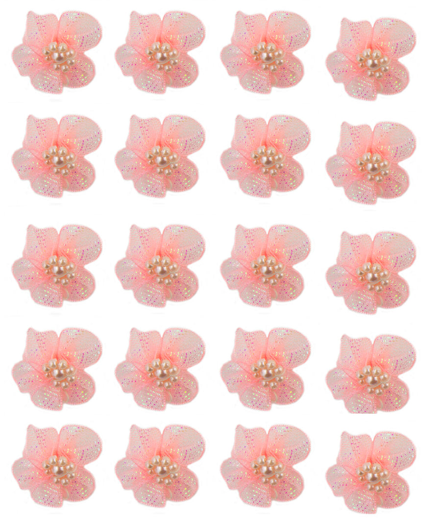 Peach Pink Pretty Shiny Mesh and Bead Cluster Flower Trims for Clothing Embellishment - Pack of 20