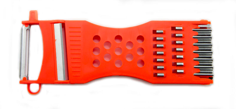 Multi purpose fruit and vegetable peeler with ergonomic handle.