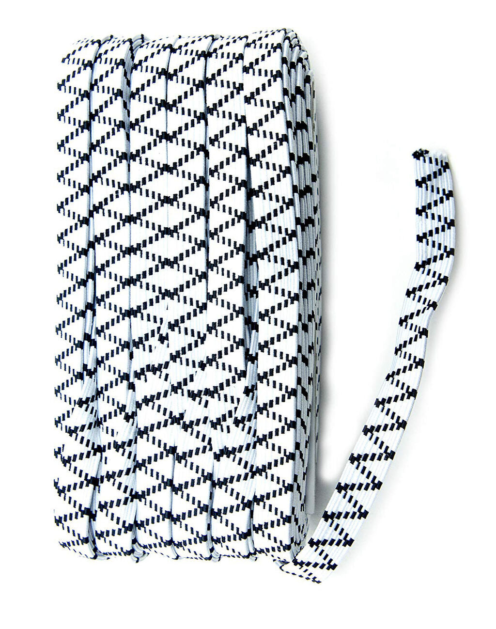 Roll of black and white flat sewing elastic, 10 mm wide.