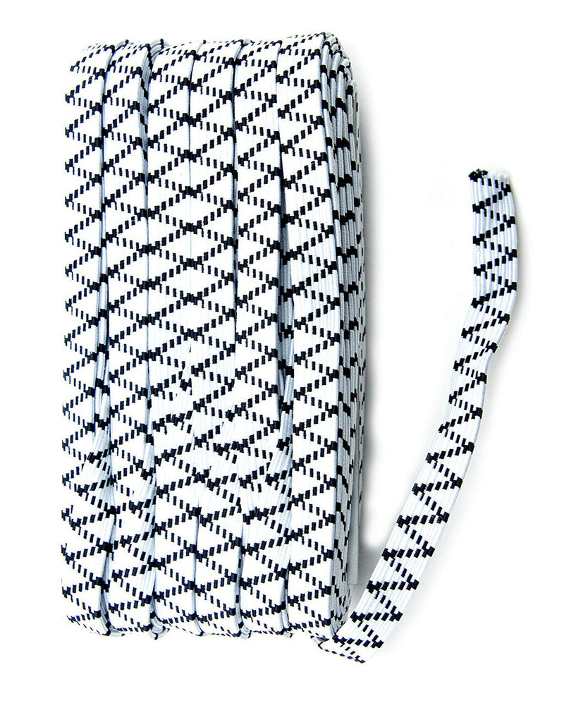 Roll of black and white flat sewing elastic, 10 mm wide.