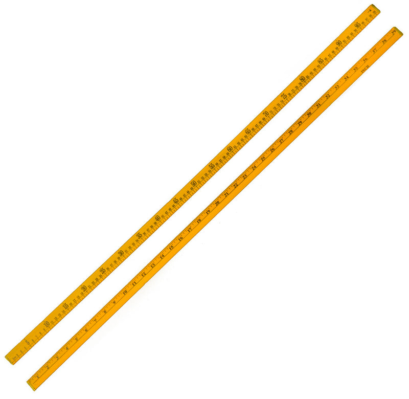 Two double side wooden rulers, each 1 metre long, displayed together.