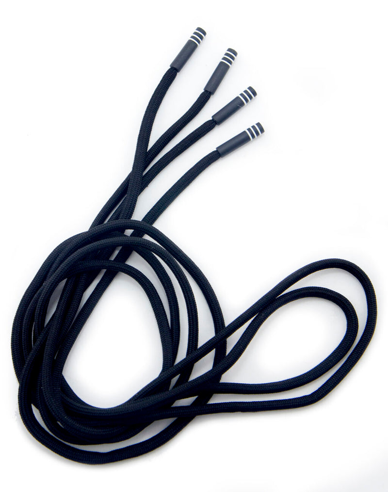 Two black hoodie cords with waterproof ends displayed together.