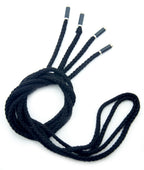Black braided hoodie cord with metal ends, 149 cm long.