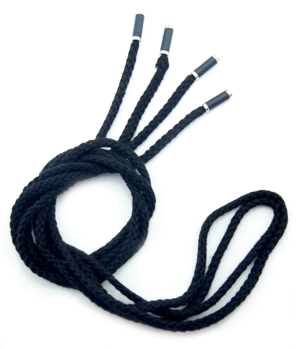 Black braided hoodie cord with metal ends, 149 cm long.