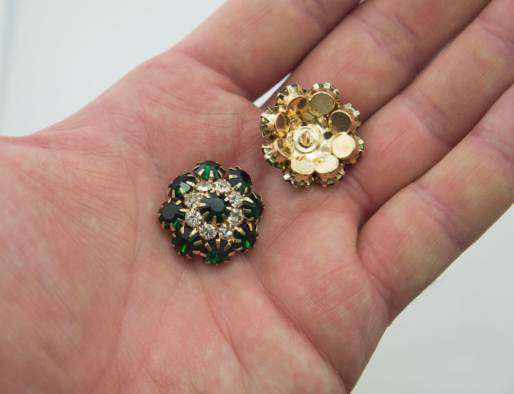 Close-up of an emerald green crystal button measuring 22 mm.
