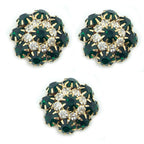 Set of 3 large emerald green crystal buttons in metal settings.