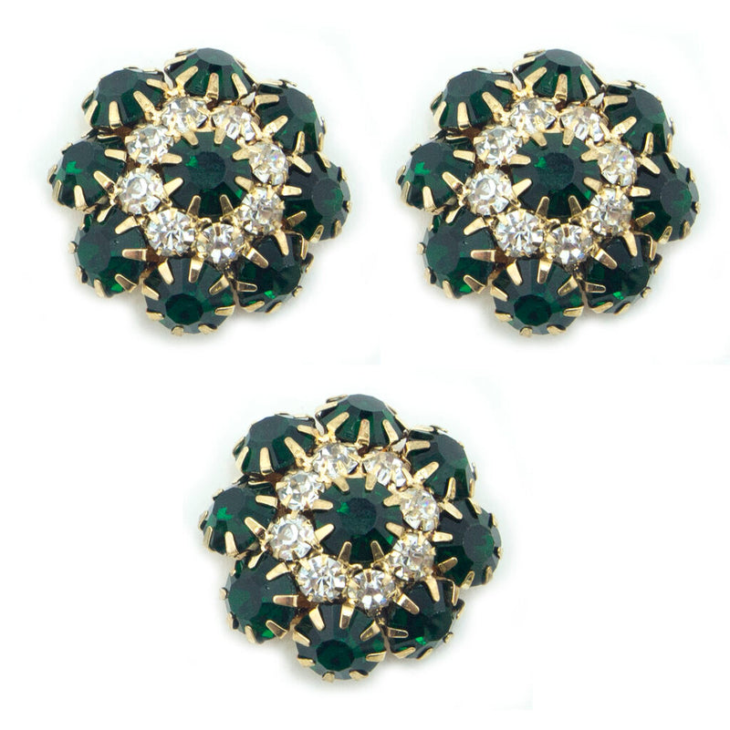 Set of 3 large emerald green crystal buttons in metal settings.