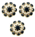 Set of 3 black and clear crystal buttons in a metal setting.