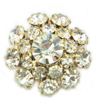 Clear crystal buttons displayed on a fabric background