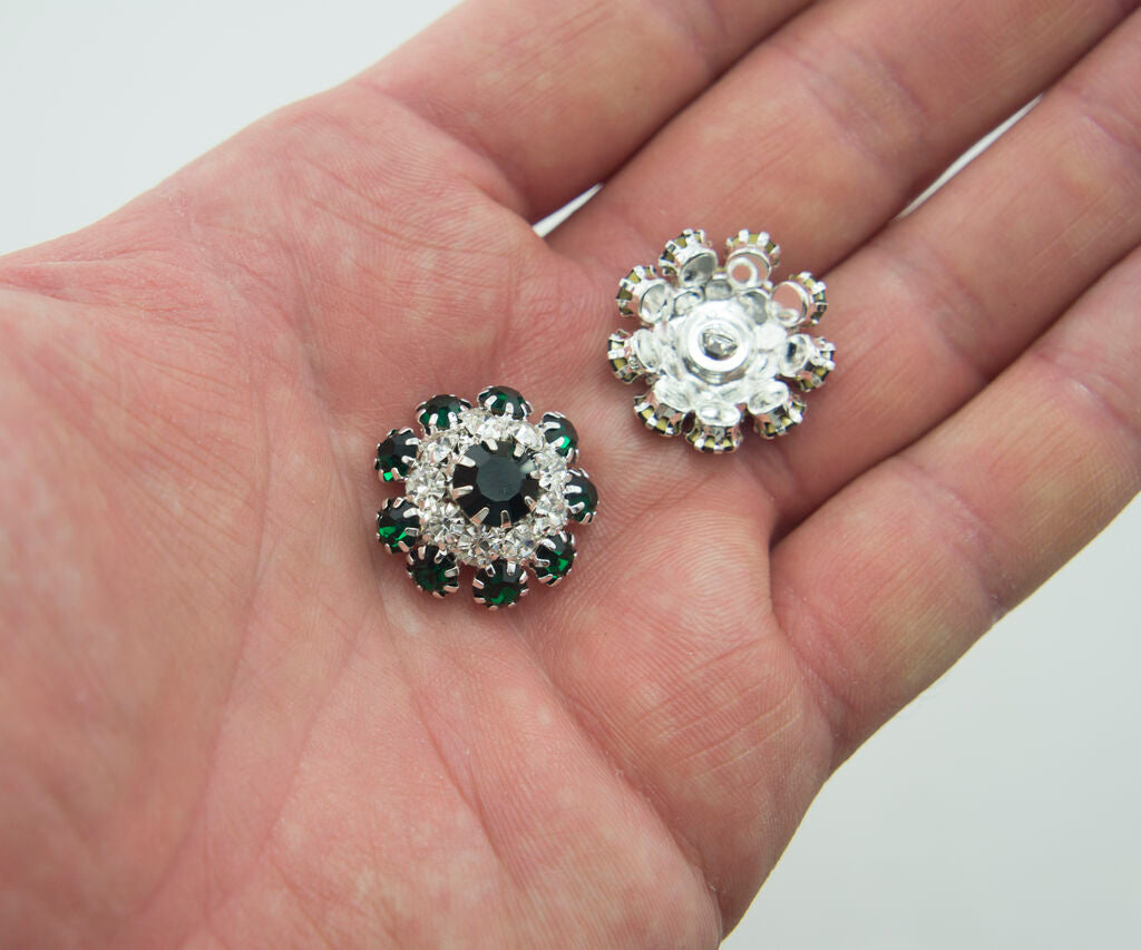 Set of 3 Pretty Emerald Green Crystal Buttons in a Metal Setting - 20 mm Diameter