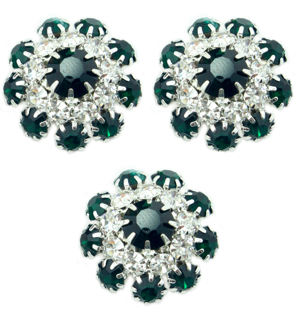 Set of 3 Pretty Emerald Green Crystal Buttons in a Metal Setting - 20 mm Diameter