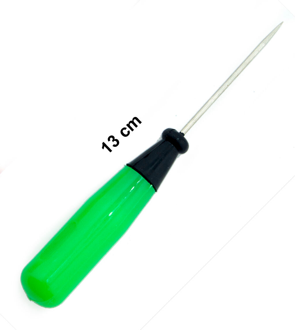 Close-up of the metal blade of a plastic le y clickers awl with an acrylic handle.
