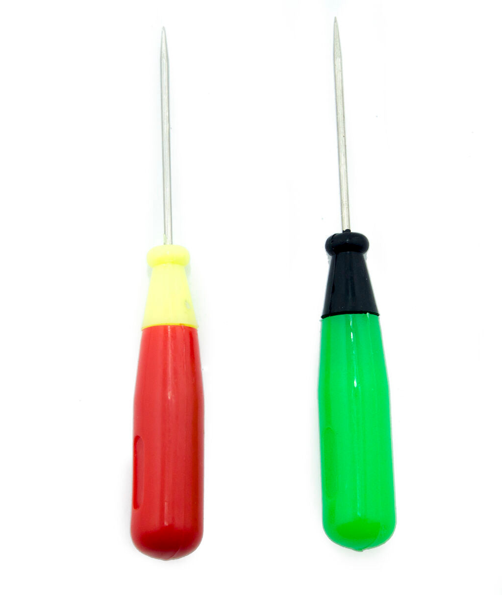 Two plastic le y clickers awls with acrylic handles, 13cm long.