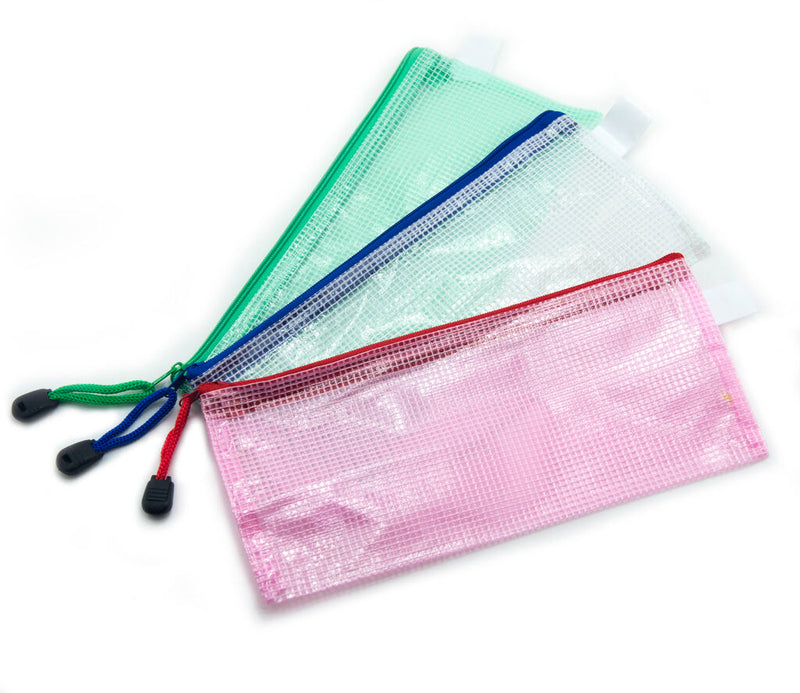 Three assorted colour see through protective files bags for tools and accessories.