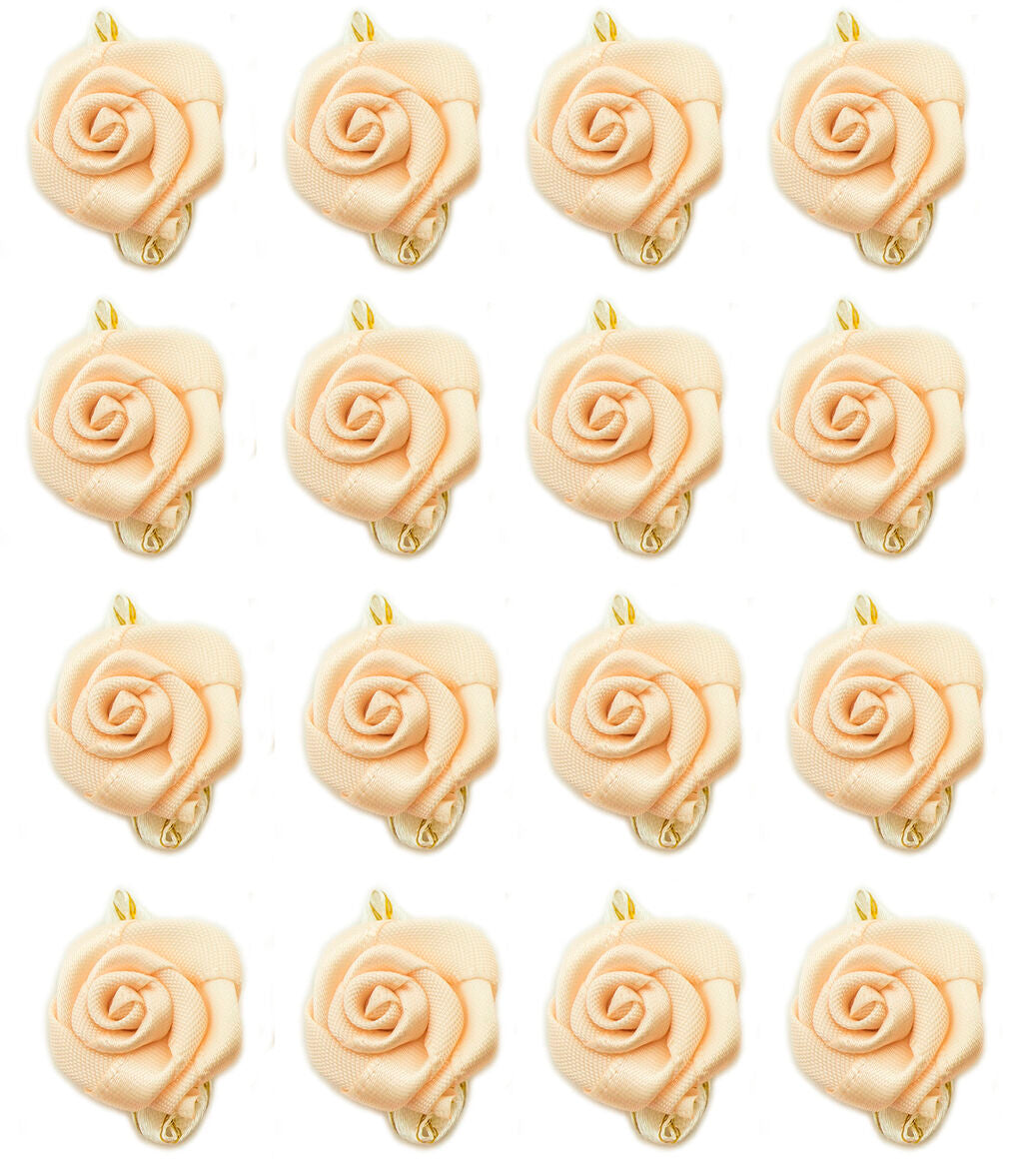 Pack of nude pink rose satin ribbon trims with gold edged leaves.