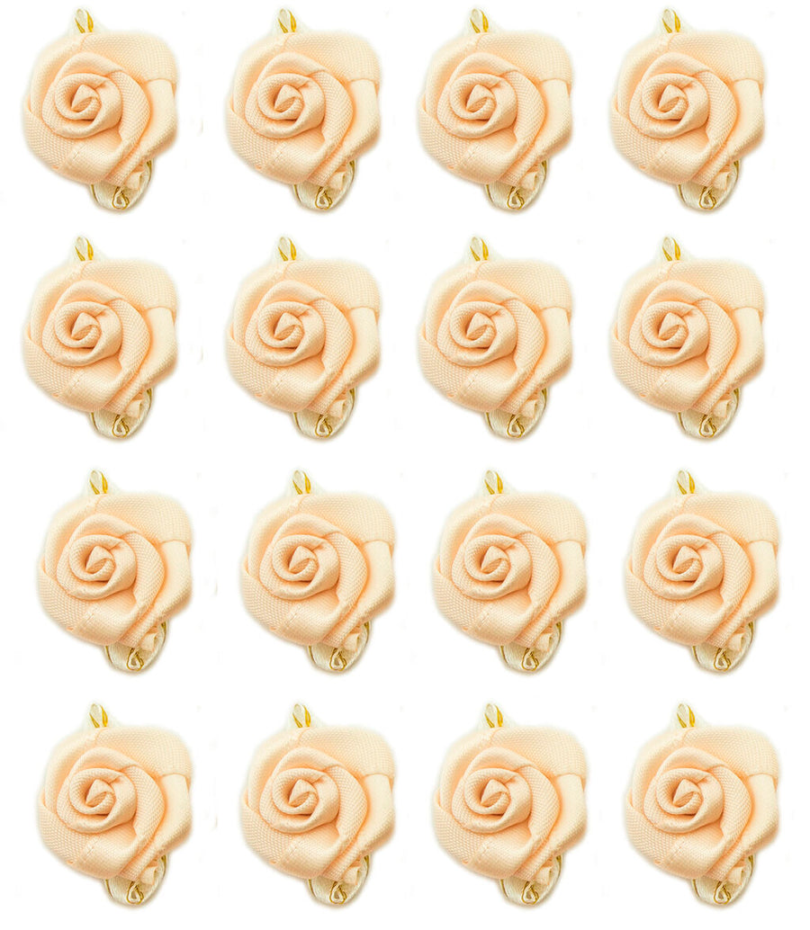 Pretty Nude Pink Rose Flower Satin Ribbon Trim Embellishments with Gold Edged Loop leaves - 24 mm - Pack of 20